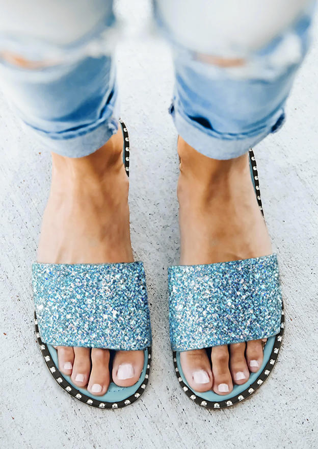 Rhinestone Glitter Round Toe Flat Slippers - Blue