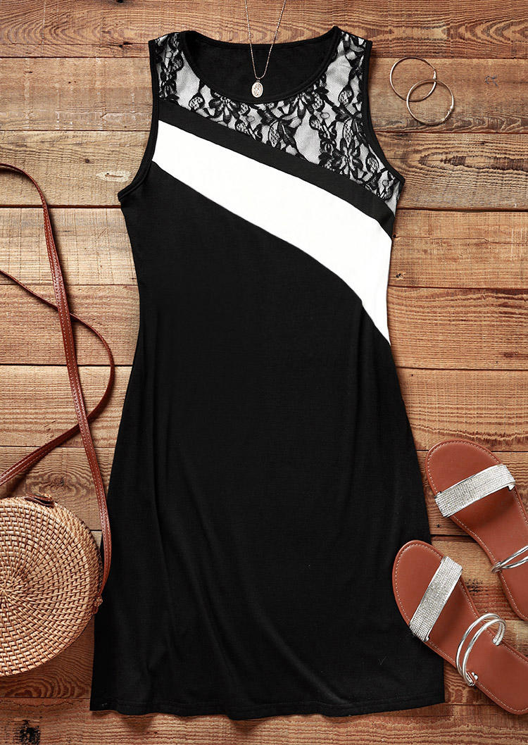 

Mini Dresses Color Block Lace Splicing Sleeveless Mini Dress in Black. Size: L,M,,XL
