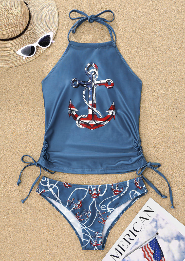 

Tankinis American Flag Anchor Drawstring Halter Tankini Set in Blue. Size