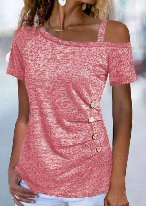 

Blouses Button Ruched One Sided Cold Shoulder Blouse in Pink. Size