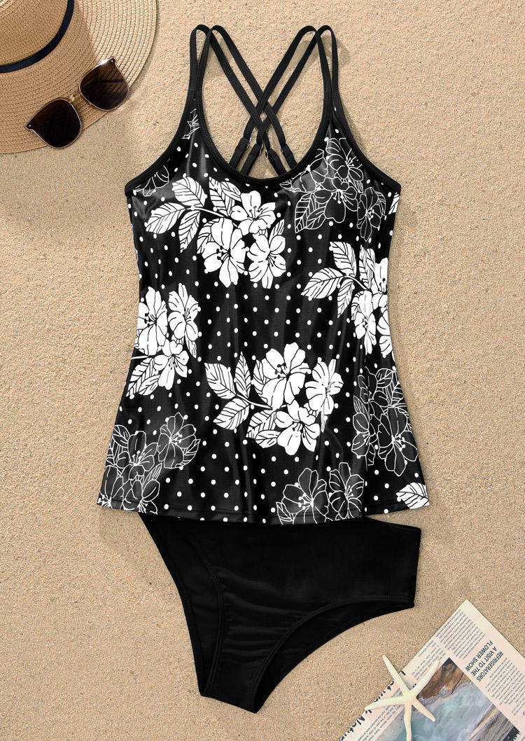 

Tankinis Floral Polka Dot Spaghetti Strap Tankini Set in Black. Size: L,M,,XL