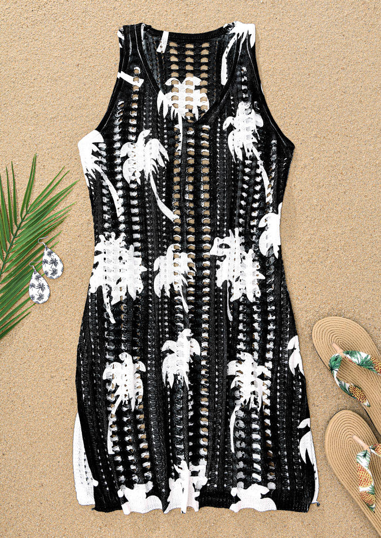 

Cover Ups Coconut Tree Hollow Out Slit Crochet Cover Up Dress in Black. Size