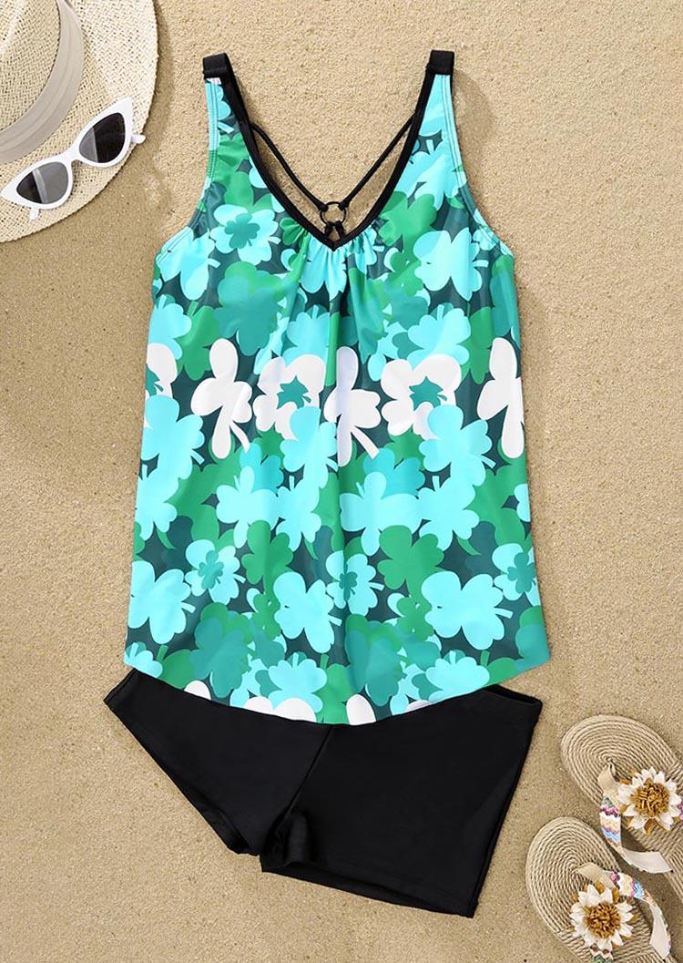 

Tankinis Floral Ruffled Hollow Out Tankini Set in Green. Size: L,M,,XL