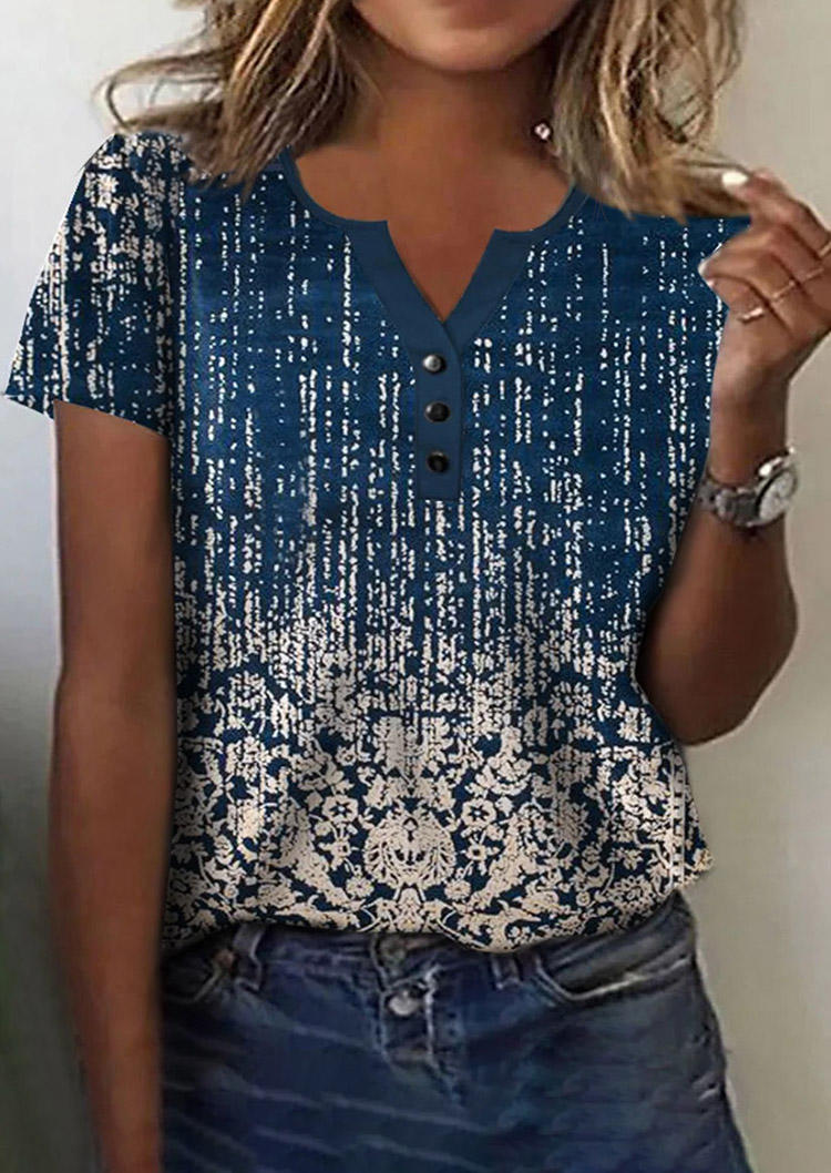 Blouses Abstract Graphic Button Blouse - Deep Blue in Blue. Size: L,,XL