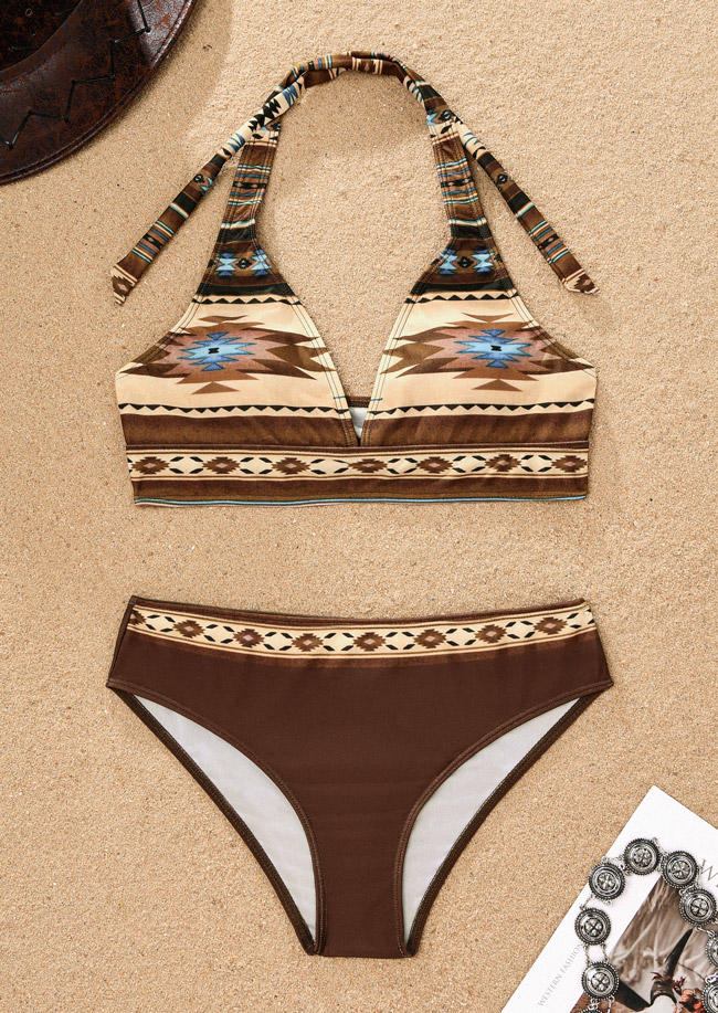 

Bikini Sets Aztec Geometric Halter Bikini Set -Brown in Brown. Size