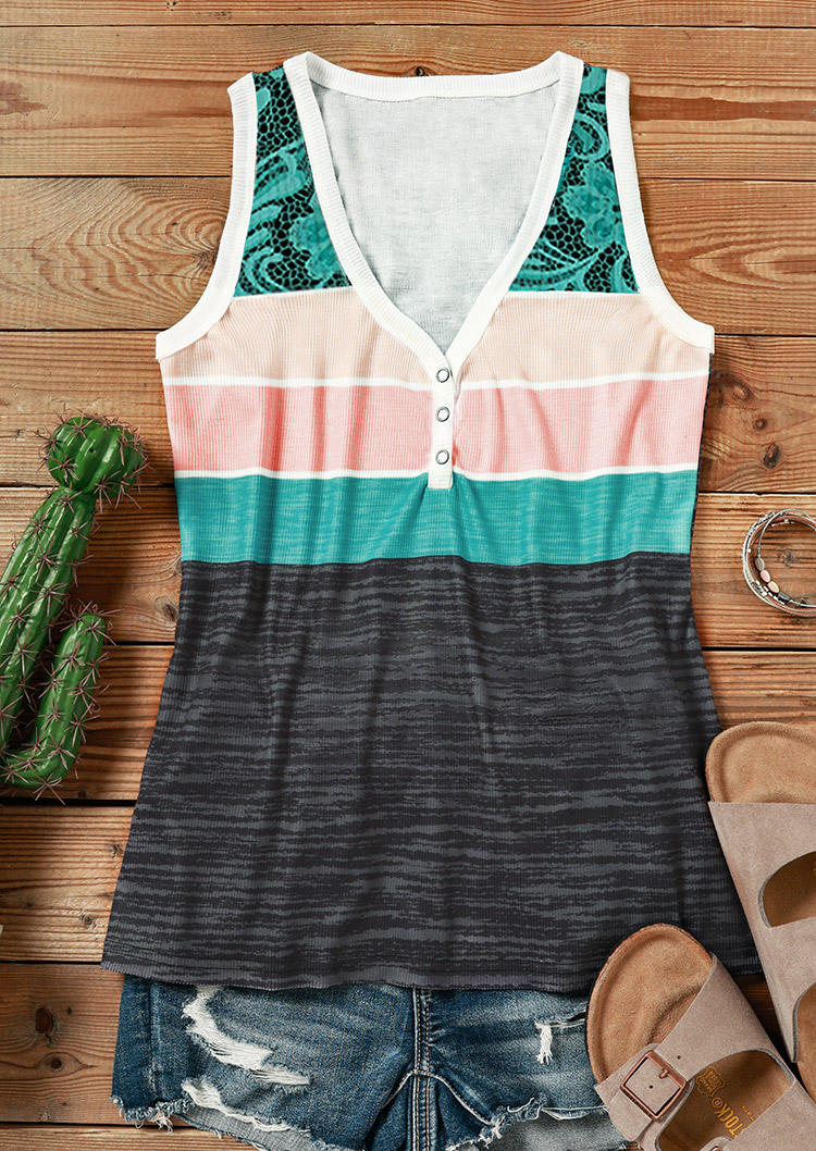 

Tank Tops Lace Color Block Snap Button Tank Top in Multicolor. Size: L