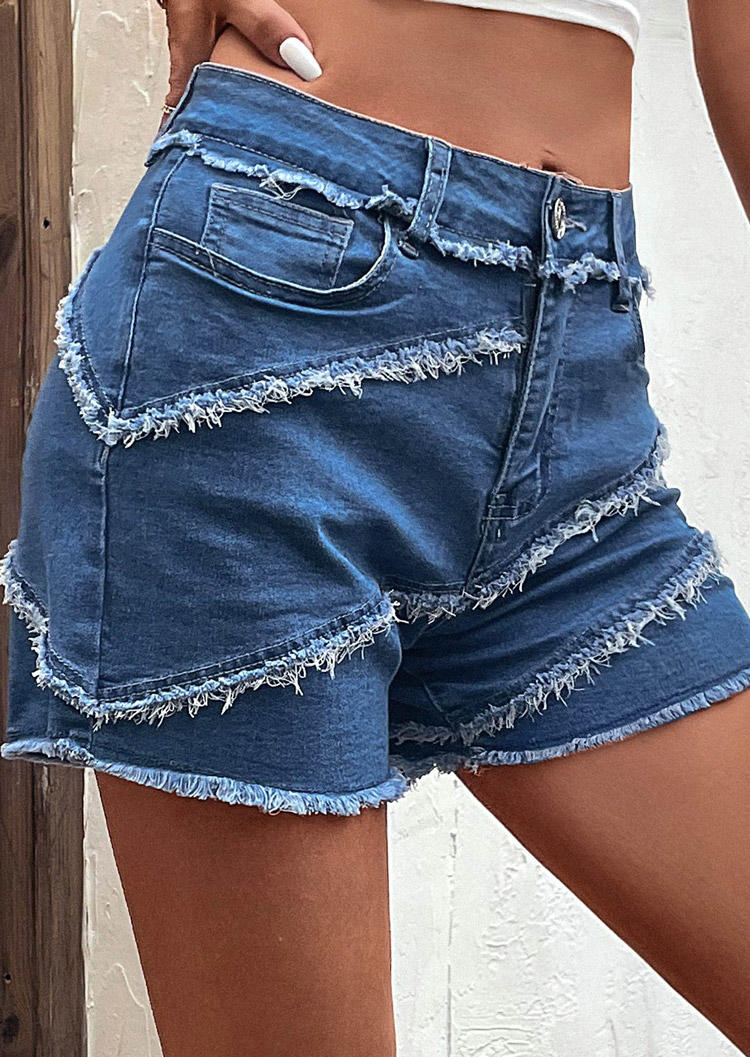 

Shorts Pocket Button Frayed Hem Denim Shorts in Blue. Size: ,XL