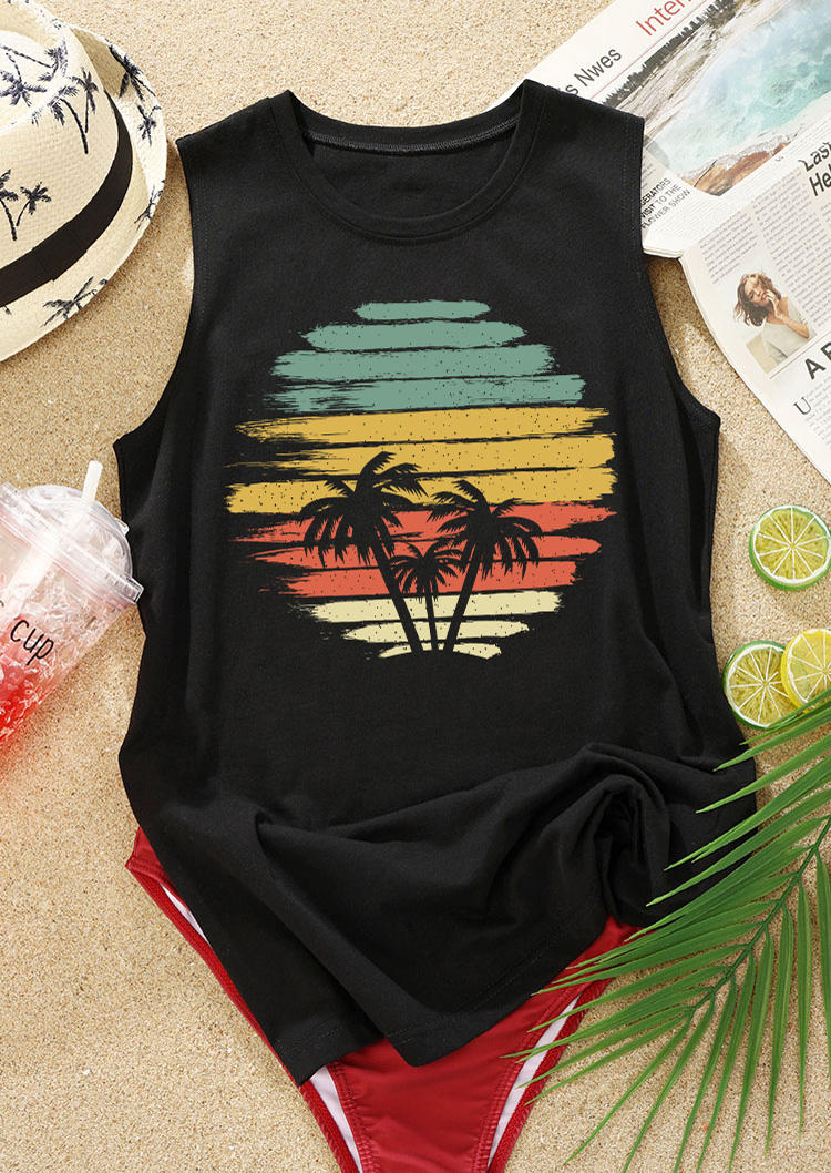 

Tank Tops Coconut Tree Sunset O-Neck Tank Top in Black. Size
