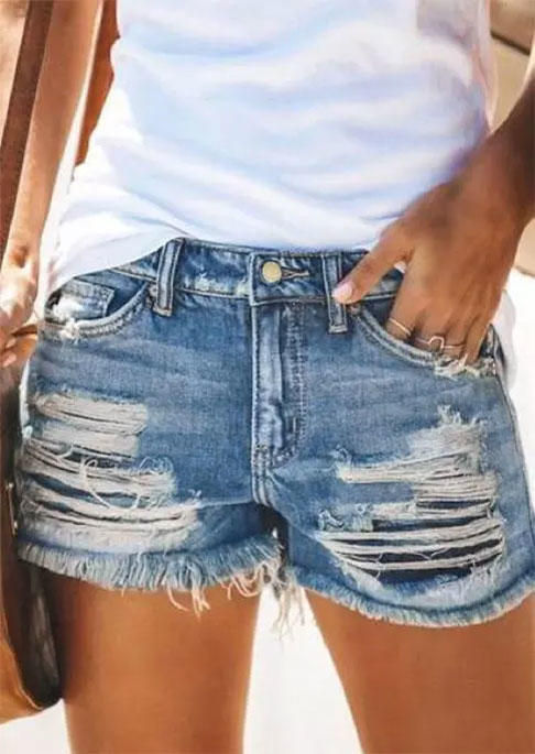 

Shorts American Flag Pocket Button Ripped Denim Shorts in Blue. Size: L,M,,XL