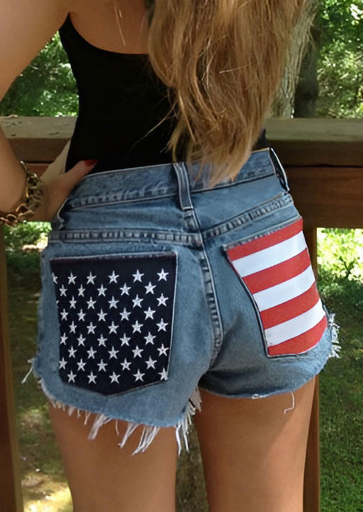 American Flag Pocket Button Ripped Denim Shorts - Blue
