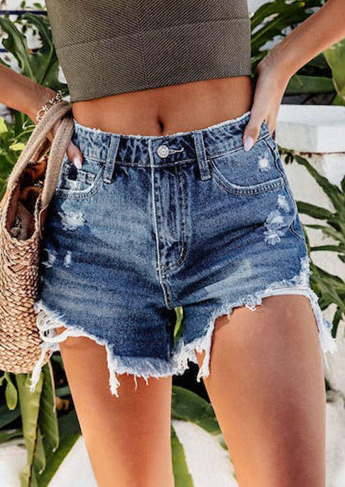 

Shorts Pocket Button Ripped Frayed Hem Denim Shorts in Blue. Size: L