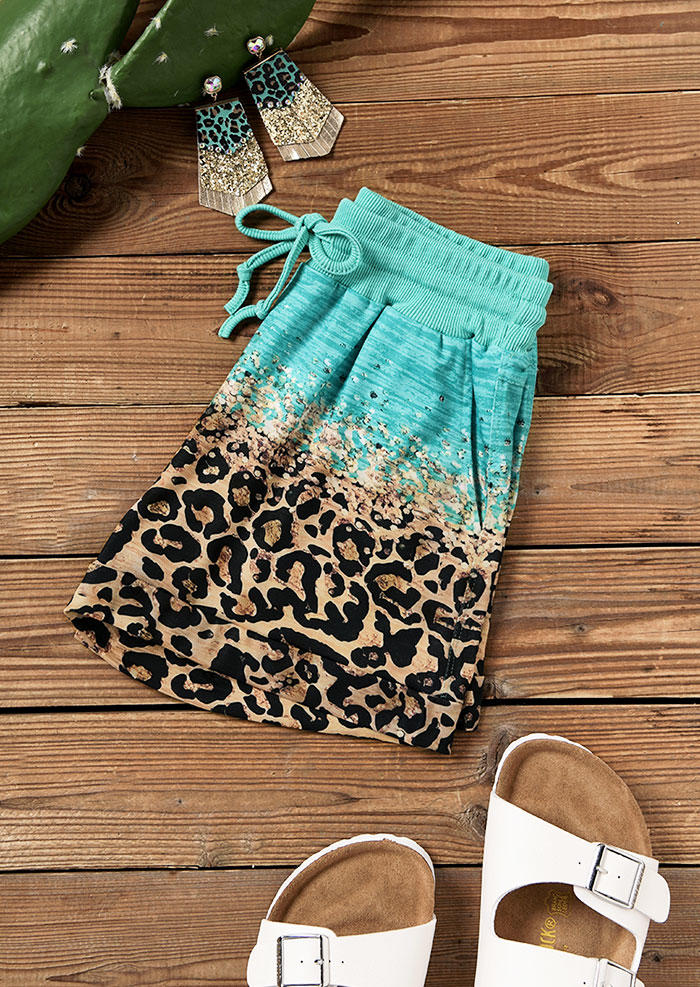 Leopard Glitter Drawstring Pocket Shorts