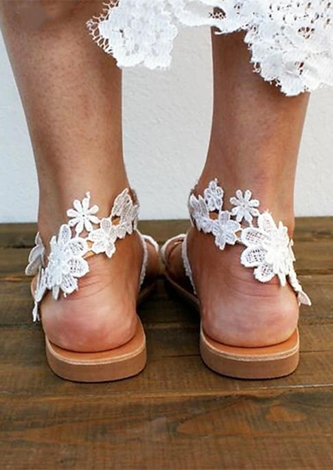Floral Lace Toe Ring Flat Sandals - White