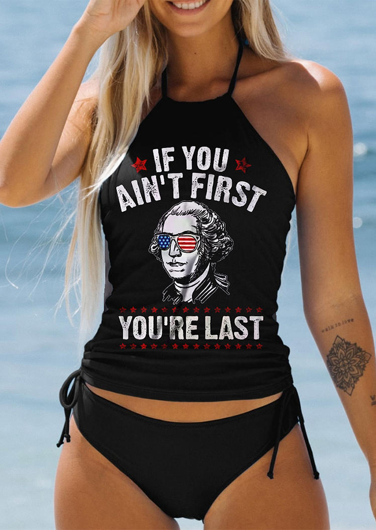 If You Ain't First You're Last American Flag Halter Tankini Set - Black