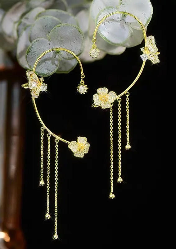 

Earrings Butterfly Floral Tassel Crystal Wrap Earrings in Gold. Size