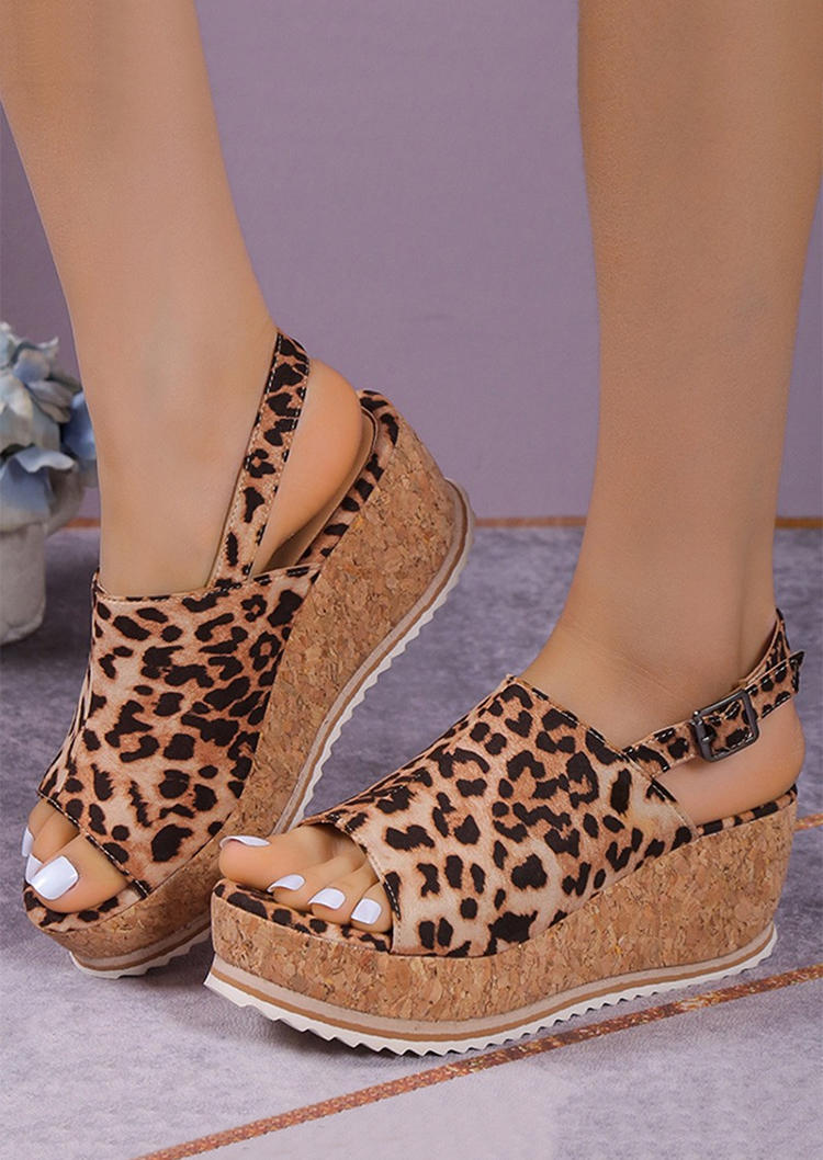 Leopard Peep Toe Platform Wedge Sandals