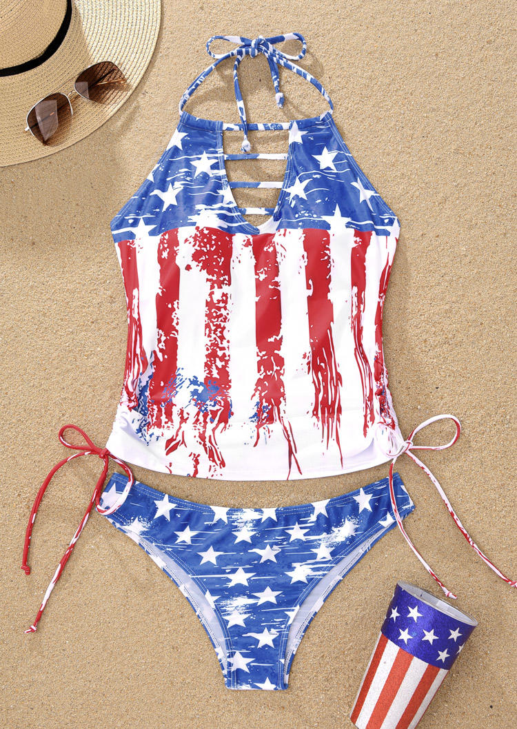 

Tankinis American Flag Hollow Out Drawstring Halter Tankini Set in Multicolor. Size: L,M,,XL