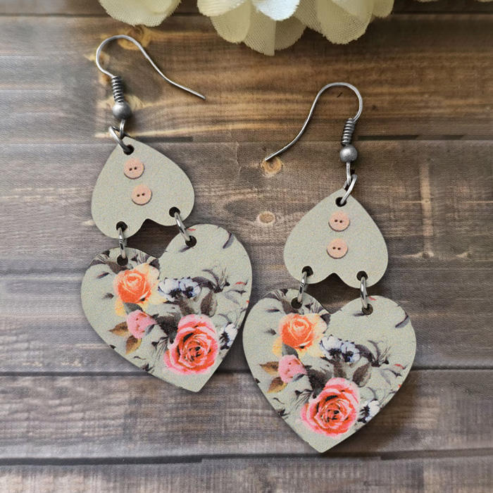 Floral Heart Button Wooden Hook Earrings