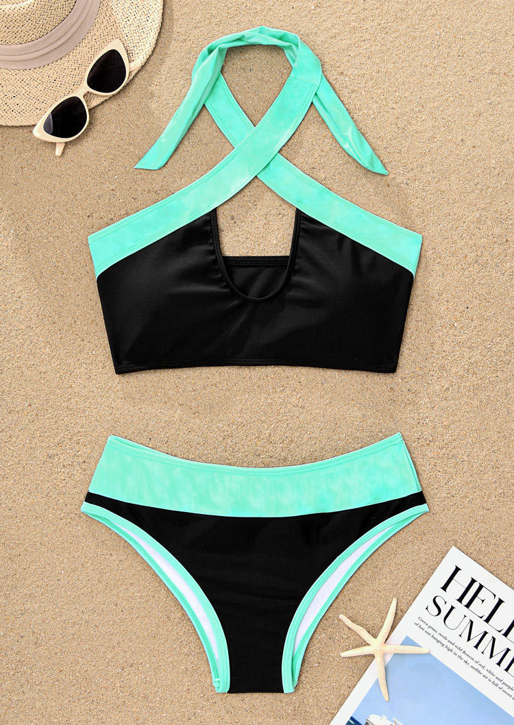 

Bikini Sets Color Block Criss-Cross Hollow Out Halter Bikini Set in Black. Size