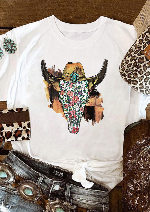 

T-shirts Tees Steer Skull Ditsy Floral Turquoise T-Shirt Tee in White. Size