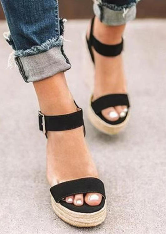 Buckle Strap Round Toe Wedge Sandals - Black
