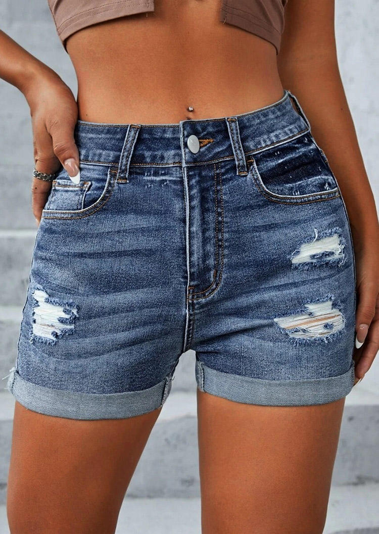 Ripped Frayed Zipper Pocket Denim Shorts