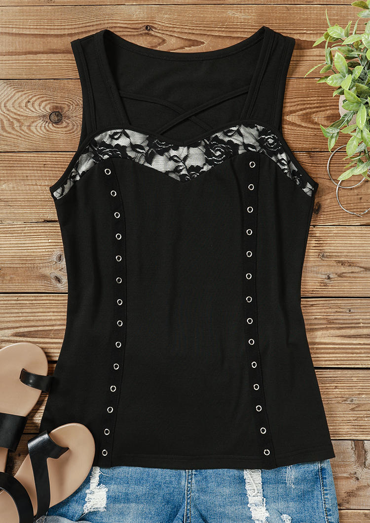 

Tank Tops Lace Splicing Criss-Cross Hollow Out Eyelet Tank Top in Black. Size: L,,XL