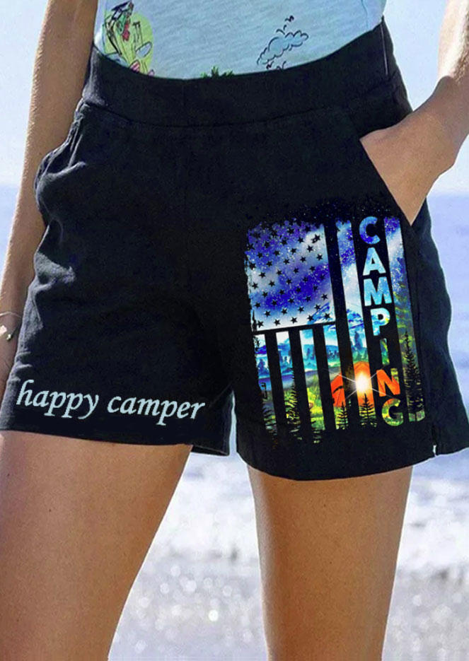Happy Camper Camping American Flag Pocket Shorts - Black
