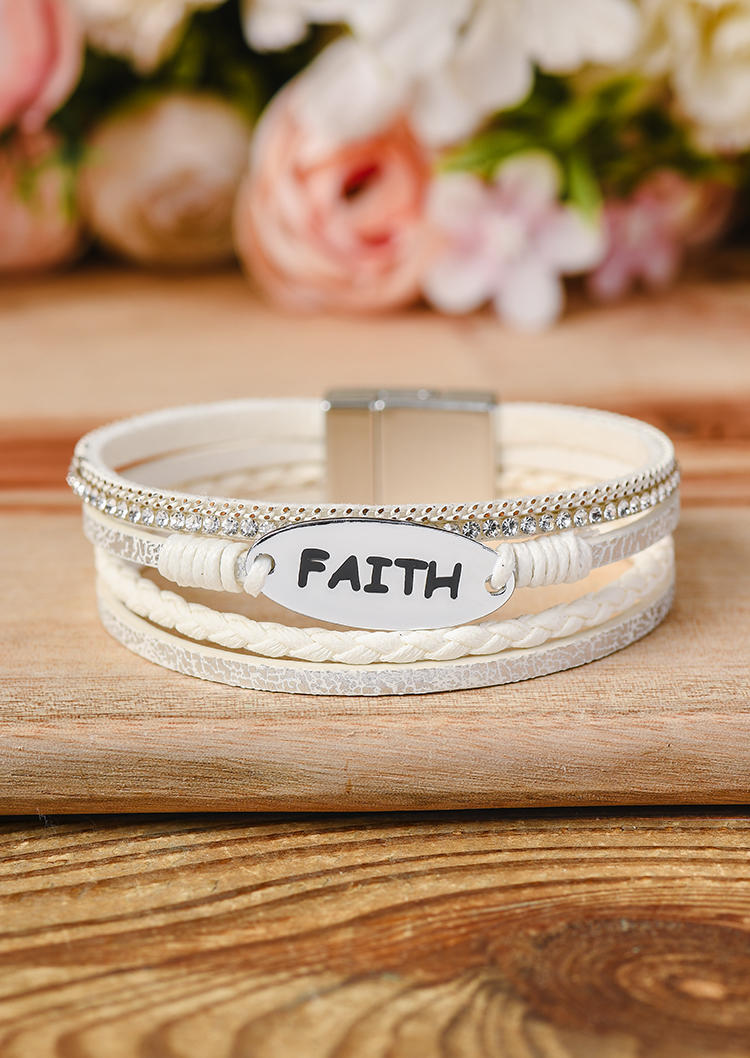 

Bracelet Faith Rhinestone Magnetic Buckle Bracelet in White. Size
