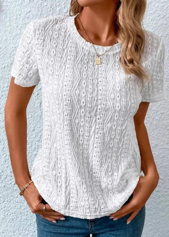 

Blouses Hollow Out Short Sleeve O-Neck Blouse in White. Size: L,,XL