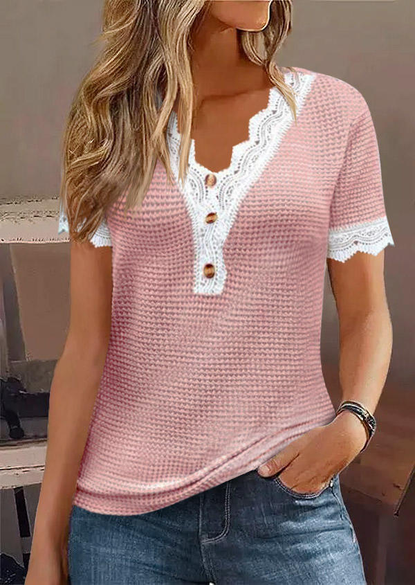 

Blouses Lace Splicing Waffle Button Blouse - Light Pink in Pink. Size: L,M,,XL