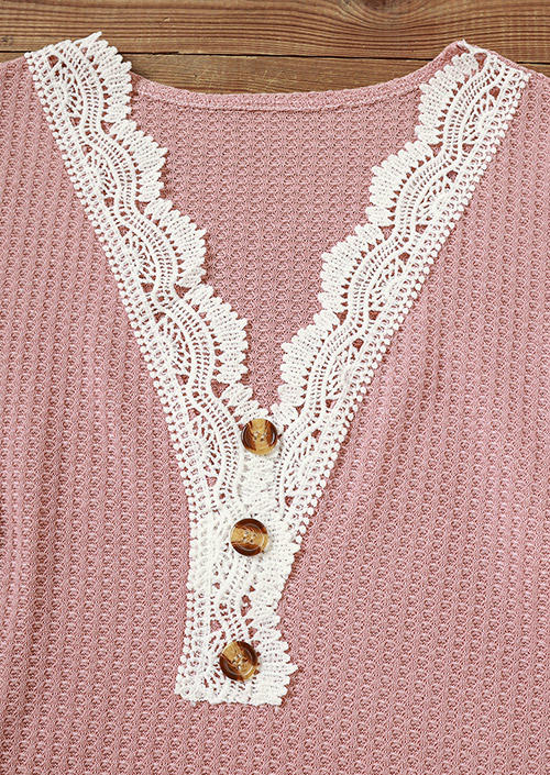 Lace Splicing Waffle Button Blouse - Light Pink