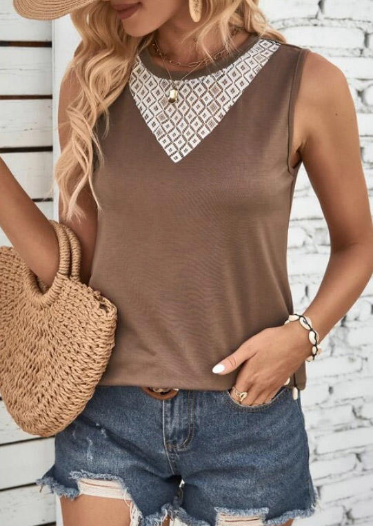 

Tank Tops Lace Splicing O-Neck Tank Top - Coffee in Brown. Size