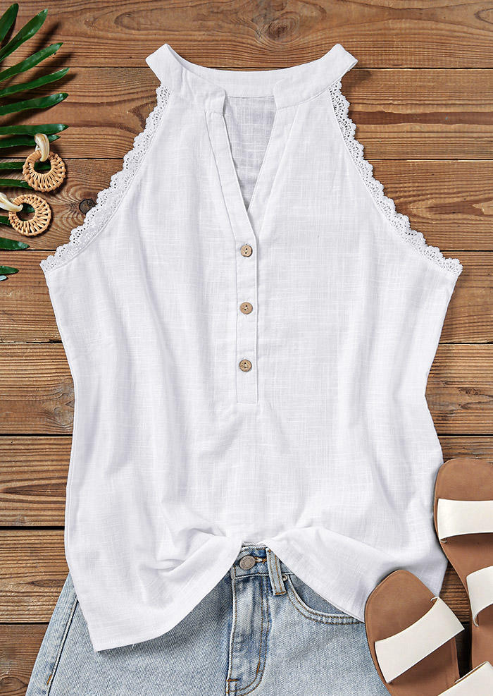 

Tank Tops Lace Splicing Button Notched Collar Tank Top in White. Size: L,M