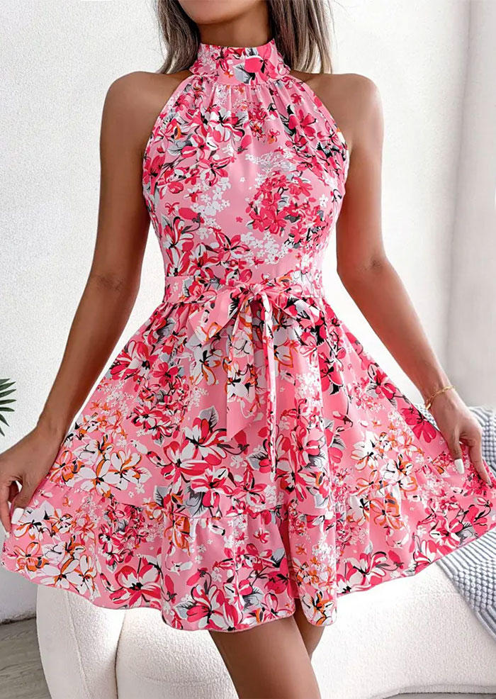 Floral Ruffled Button Hollow Out Zipper Mini Dress - Pink