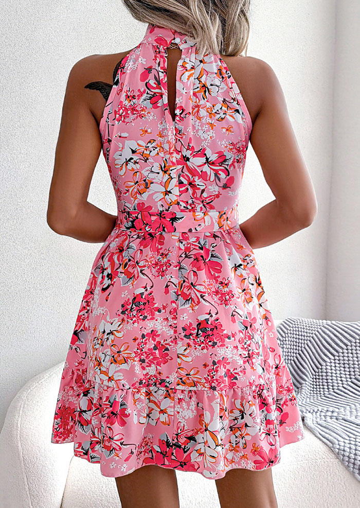 Floral Ruffled Button Hollow Out Zipper Mini Dress - Pink