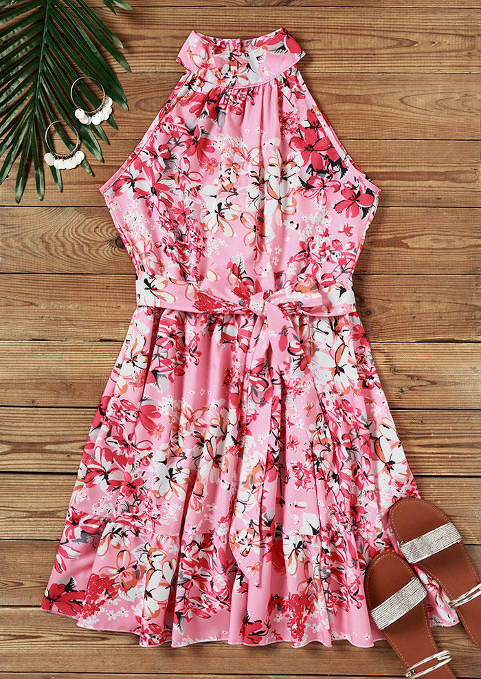 

Mini Dresses Floral Ruffled Button Hollow Out Zipper Mini Dress in Pink. Size