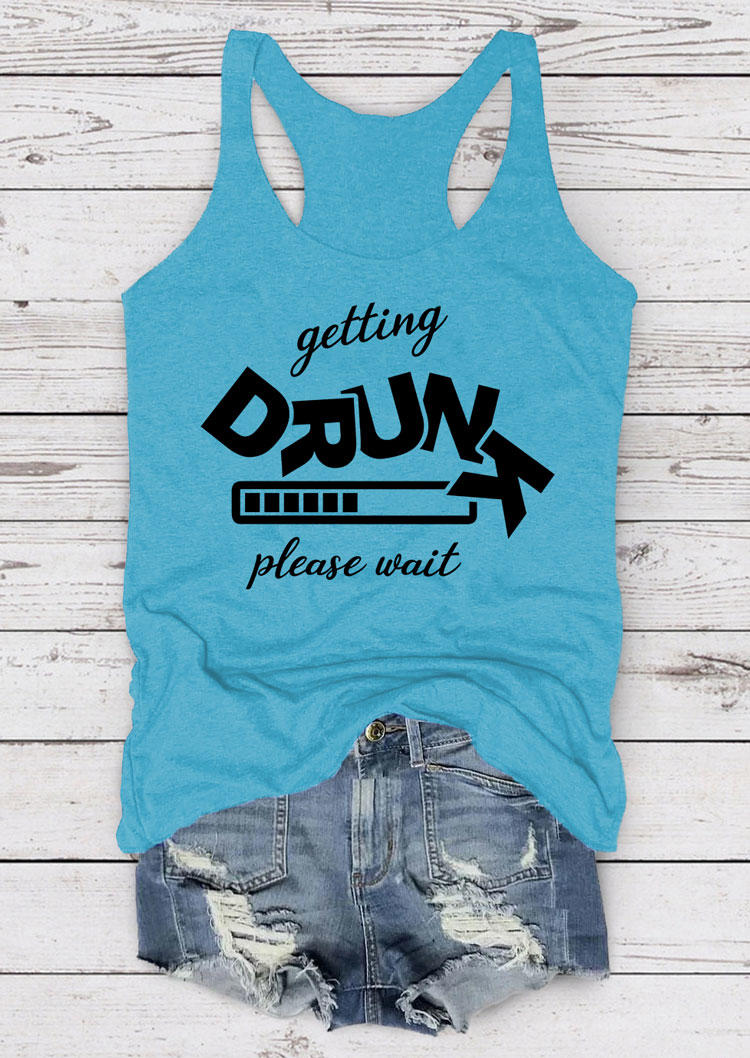 

Tank Tops Getting Drunk Please Wait Racerback Tank Top in Blue. Size: L,M,,XL