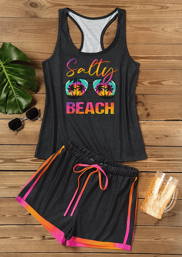 

Sleepwear Salty Beach Gradient Coconut Tree Glasses Tank And Shorts Pajamas Set in Black. Size