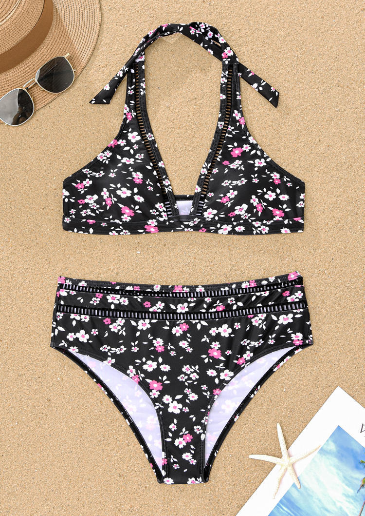 

Bikini Sets Ditsy Floral Hollow Out Halter Bikini Set in Black. Size: L,M,,XL
