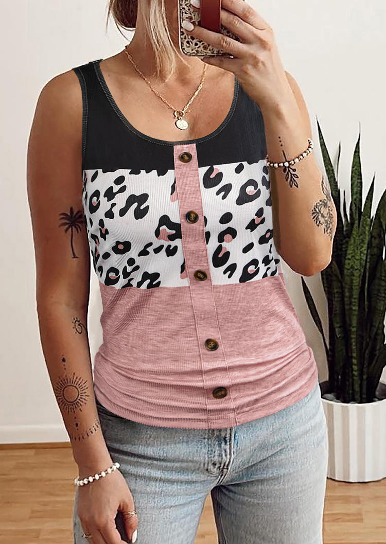 

Tank Tops Color Block Leopard Button Ribbed Tank Top in Multicolor. Size