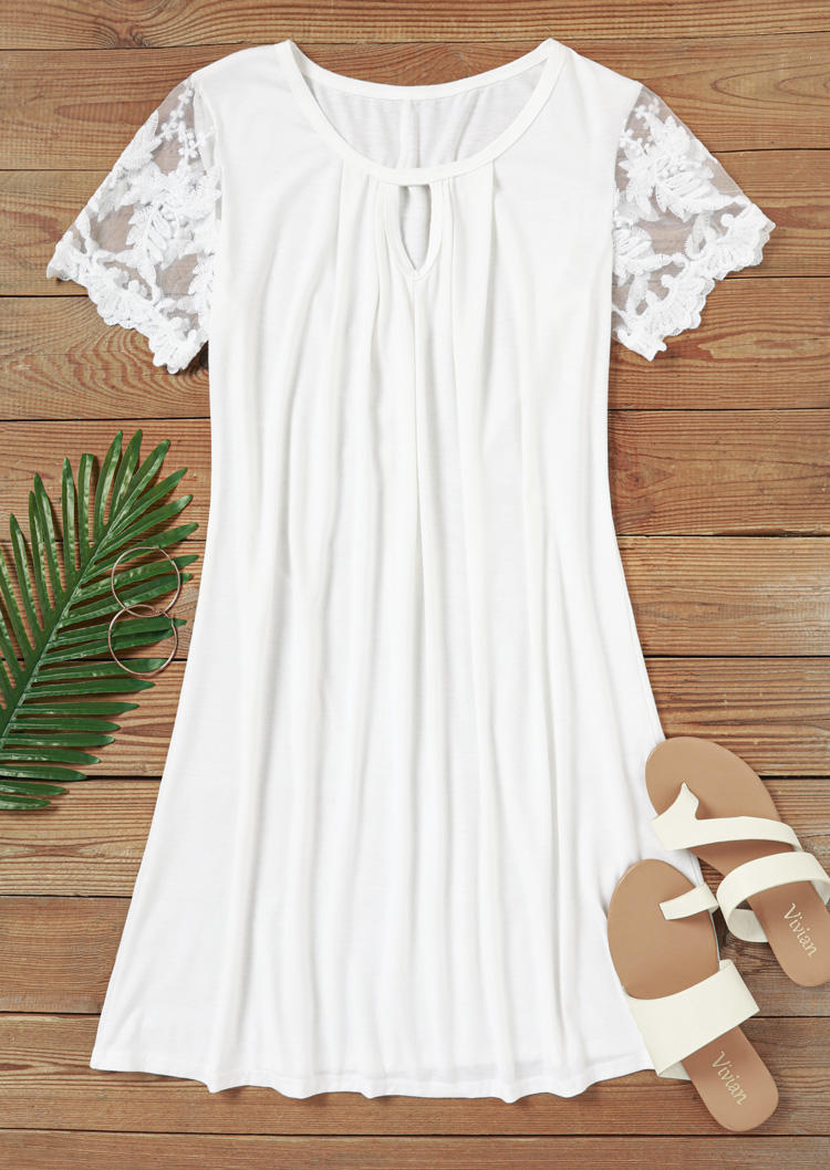 

Mini Dresses Lace Splicing Hollow Out Ruffled Mini Dress in White. Size