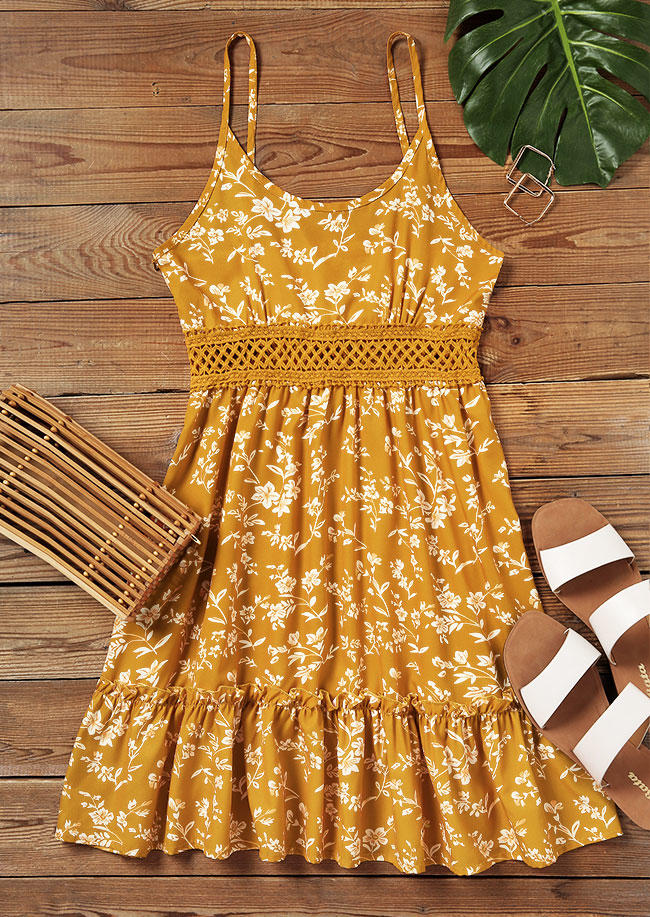 

Mini Dresses Floral Hollow Out Ruffled Mini Dress in Yellow. Size