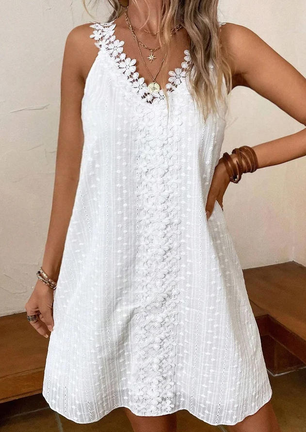 Lace Splicing V-Neck Mini Dress - White