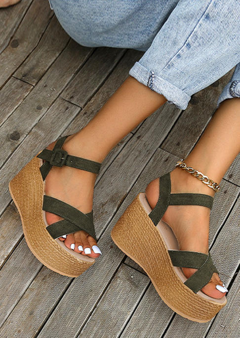 Criss-Cross Buckle Wedge Sandals - Army Green