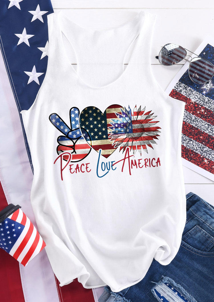 

Tank Tops Peace Love America Flag Sunflower Racerback Tank Top in White. Size