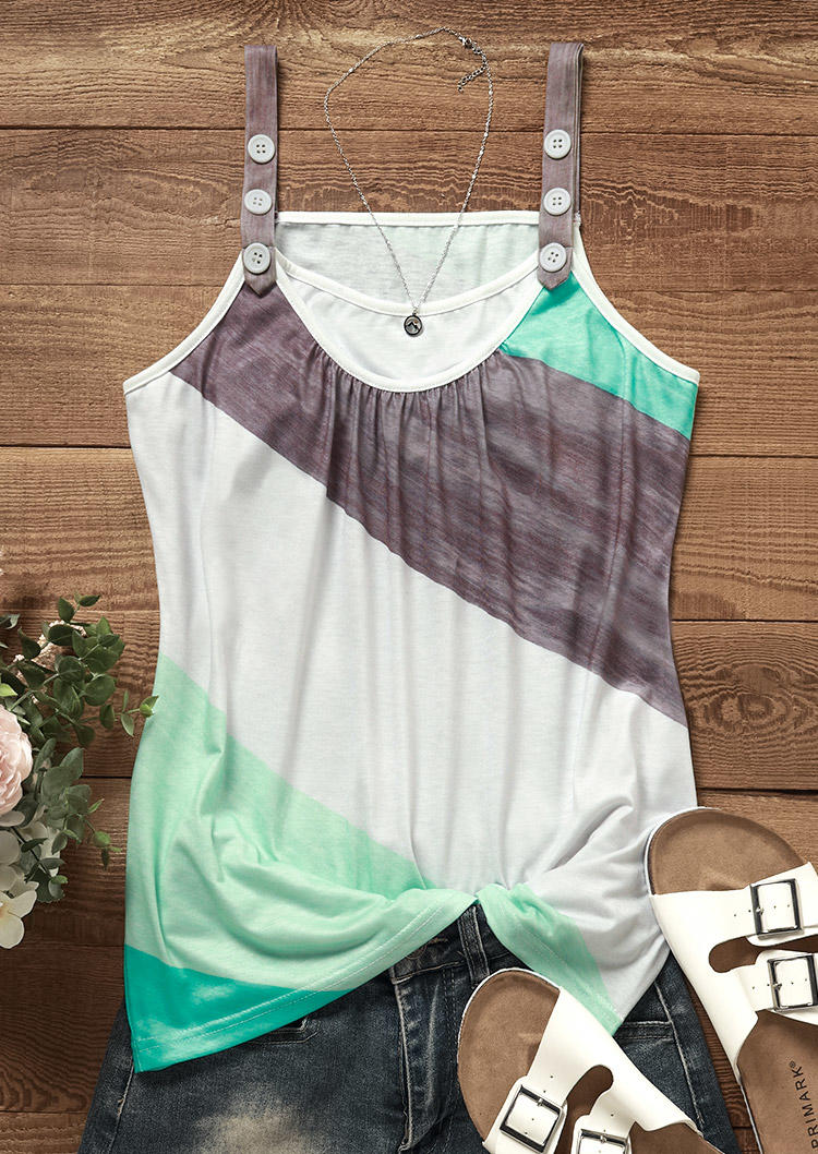 

Tank Tops Color Block Striped Ruffled Button Fake Two-Piece Camisole in Multicolor. Size: 3XL