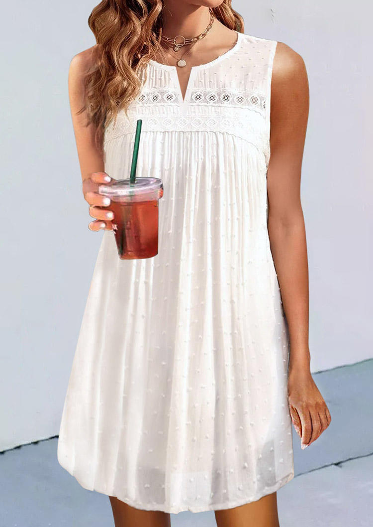 Dotted Swiss Ruffled Notched Collar Sleeveless Mini Dress - White