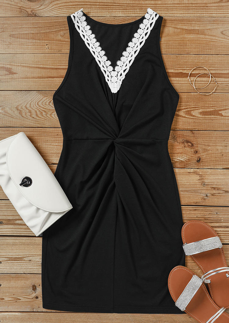 

Mini Dresses Lace Splicing Twist Sleeveless Mini Dress in Black. Size: L,M,,XL