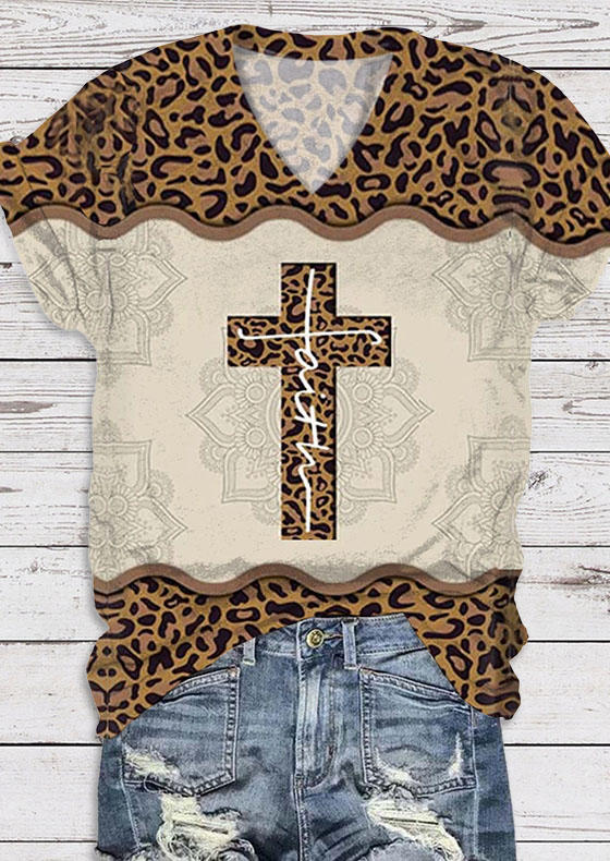 

T-shirts Tees Faith Leopard Cross V-Neck T-Shirt Tee in Multicolor. Size: ,XL